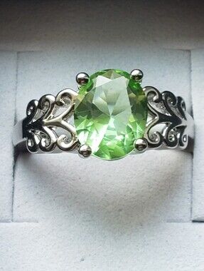 NEW Peridot-Large Oval, Brilliant Faceting, High Quality Sterling Scroll, Size 7